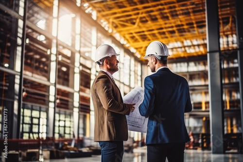 Investor and architect discussing about progress of construction new residential building.