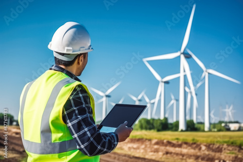 Maintenance engineer inspecting wind turbines, holding tablet, looking to wind turbines.