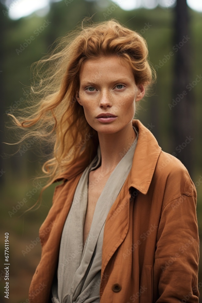 Fototapeta premium Solemn redhead woman captured in a moody forest setting with thoughtful, subtle lighting