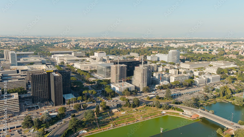Rome, Italy. Panoramic view. District EUR - Quarter is a vast complex of buildings built on the orders of dictator Benito Mussolini, Aerial View