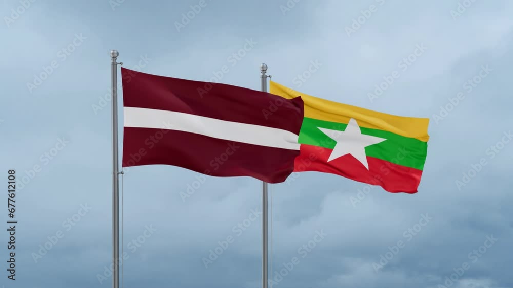 Myanmar aka Burma flag and Latvia flag waving together on cloudy sky, endless seamless loop, two country relations concept Myanmar aka Burma flag and Latvia flag waving together on cloudy sky, endless seamless loop, two country relations concept