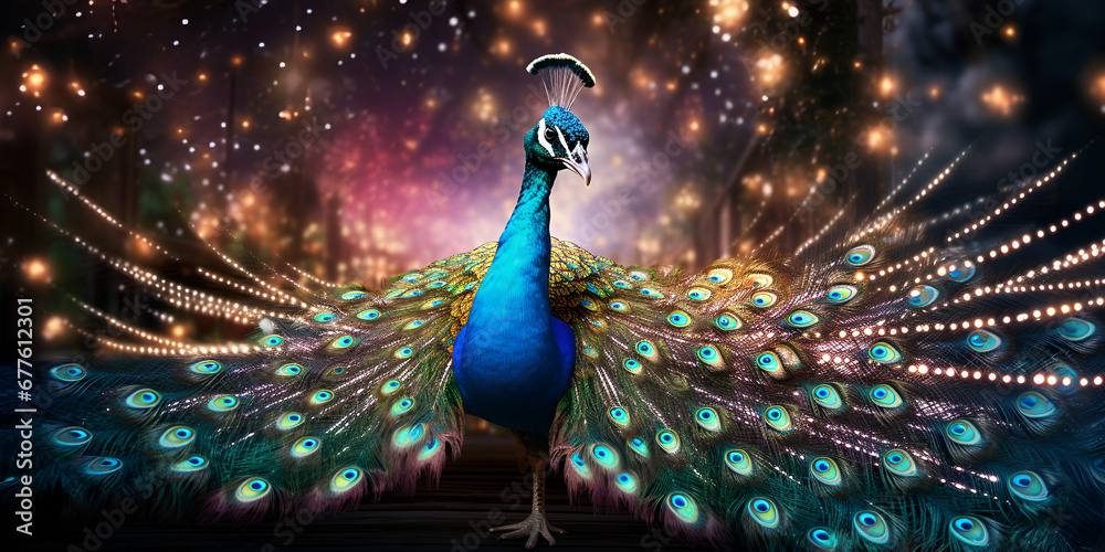 a peacock displaying its plumage in front of drab peacocks, Portrait of