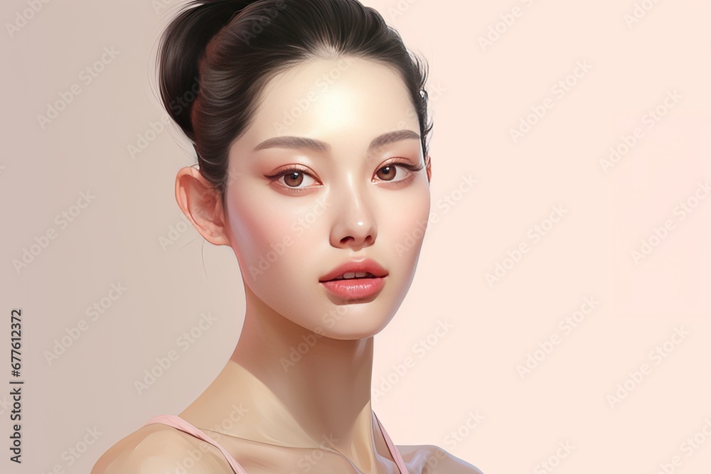 Fototapeta premium Beautiful Asian woman smiles and radiates happiness, showcasing her healthy, glowing skin