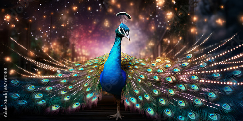 a peacock displaying its plumage in front of drab peacocks, Portrait of a peacock with a loose tail, Peacock spread their feather tail, generative AI