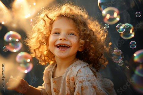 Pretty little child playing with soap bubbles on a sunset. Kid having fun in a park in summer. Funny activities for children.