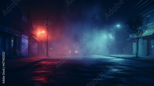 Neon light in a dark empty street with smoke smog