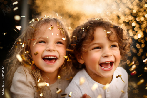 Two cheerful kids friends celebrating birthday with glittery confetti. Children birthday party. Celebrating New Year with little ones.