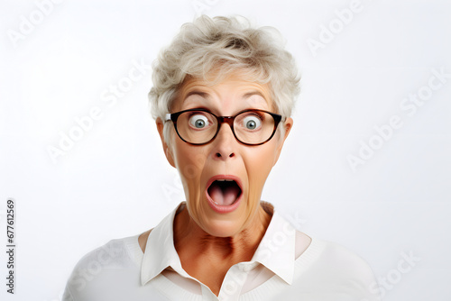 Surprised gray-haired Caucasian woman on white background. Neural network generated photorealistic image.