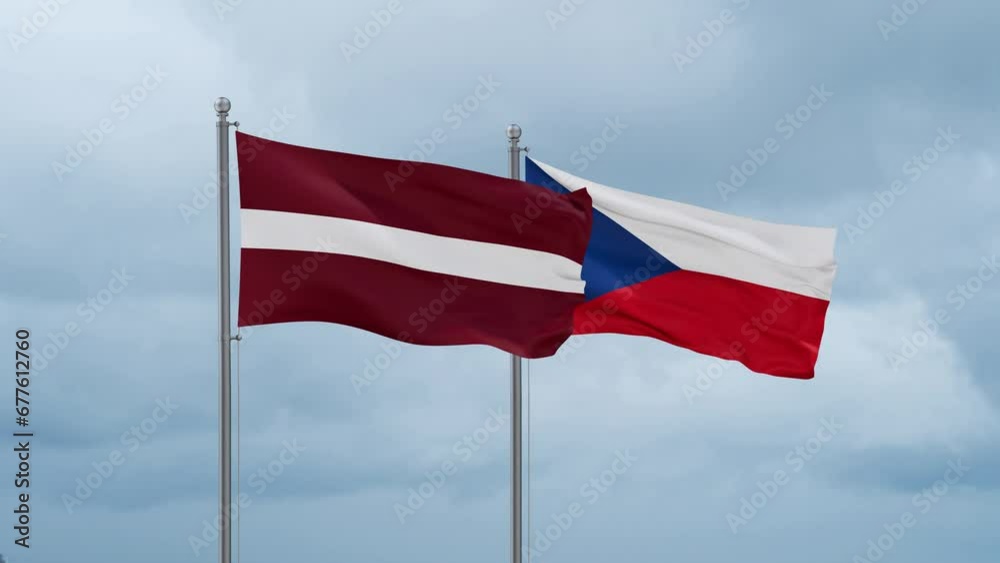 Czech Republic flag and Latvia flag waving together on cloudy sky, endless seamless loop, two country relations concept Czech Republic flag and Latvia flag waving together on cloudy sky, endless seamless loop, two country relations concept