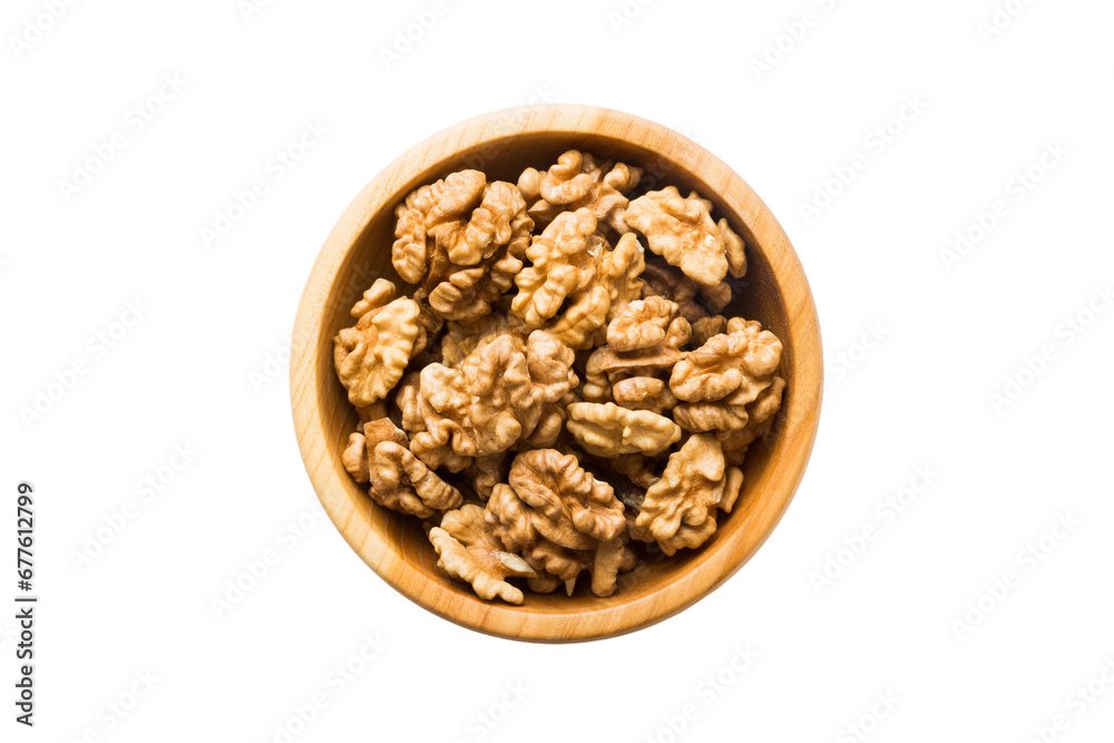 Roasted walnuts in bowl isolated on white background. walnuts is snack or raw of cook. Healthy food concept Roasted walnuts in bowl isolated on white background. walnuts is snack or raw of cook. Healthy food concept