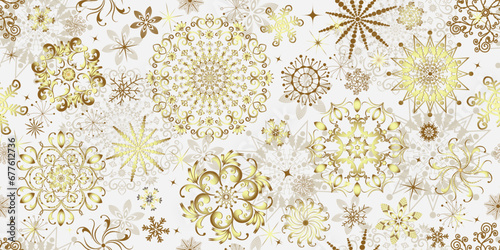 Vector hand drawn Christmas seamless pattern with glitter golden snowflakes and stars on white