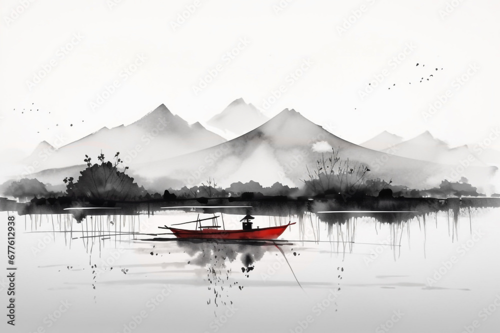 Japanische Tuschezeichnung einer meditativen Zen Landschaft mit Boot und Fischer in schwarz weiß rot - obrazy, fototapety, plakaty 