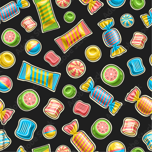 Vector Candy Seamless Pattern, repeating background with cut out illustrations of multi colored variety fruit chewy candies and bubble gums in spiral cellophane foil, set of flying flat lay candy mix