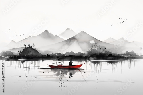 Japanische Tuschezeichnung einer meditativen Zen Landschaft mit Boot und Fischer in schwarz weiß rot photo