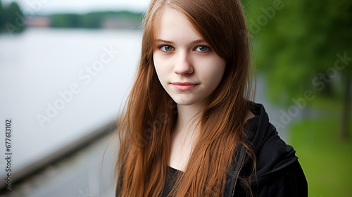red-haired woman in black jacket by water, smiling, caucasian teenager girl