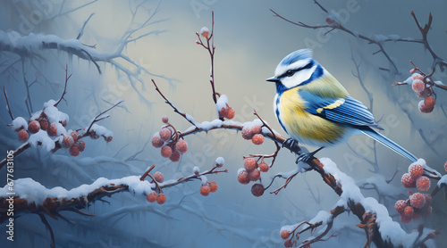 In winter branches there is a perched Cyanistes caeruleus commonly known as a blue tit