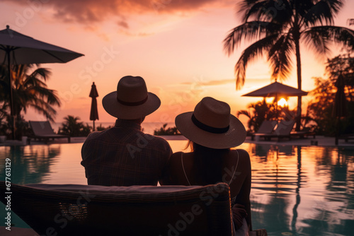 Back view of a young couple enjoying the time by the pool in tropical scenery at sunset. Summer vacation in tropical landscape. Travelling exotic places.