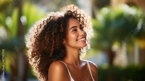 A cheerful, curly-haired wo...