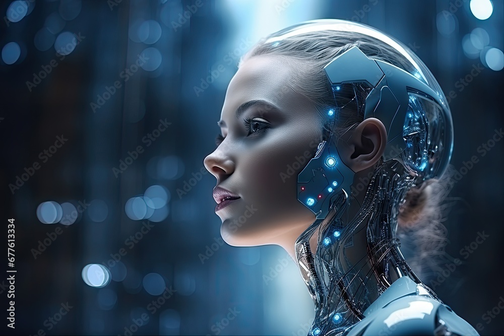 A symbolic concept image of AI technology fused with a human robot brain.by Generative AI. A symbolic concept image of AI technology fused with a human robot brain.by Generative AI.