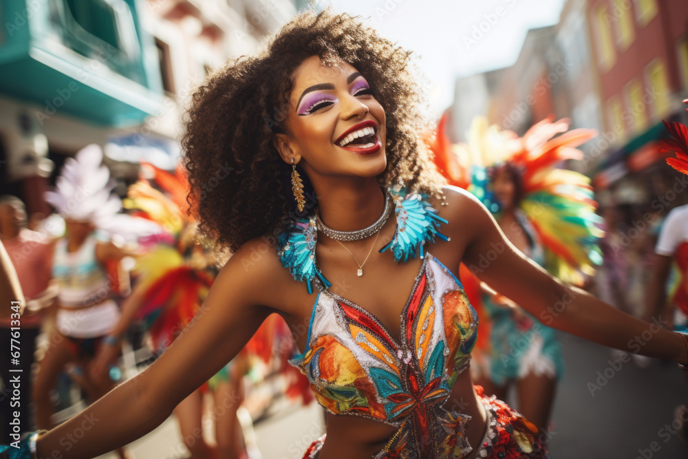 Latin woman dancing on the streets during carnival. Brazilian woman wearing costume celebrating carnival. Latin woman dancing on the streets during carnival. Brazilian woman wearing costume celebrating carnival.