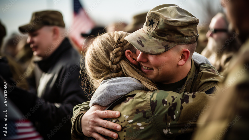 Heartfelt Military Homecoming: Soldier Reuniting with Family.