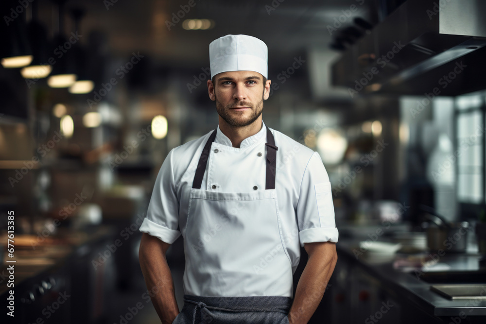 Chef cooking food at restaurant kitchen. Male cook wearing apron and chef hat preparing food by kitchen counter.