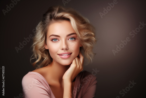 Captivating close-up showcasing a beautiful blonde with luminous skin, ideal for skincare advertisements.