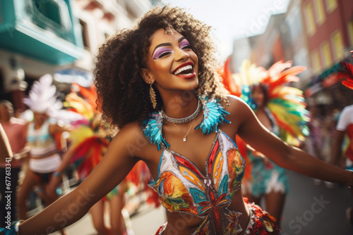Latin woman dancing on the streets during carnival. Brazilian woman wearing costume celebrating carnival.