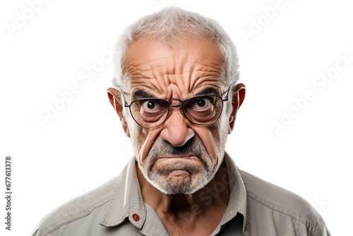 Sulking senior Latin American man, head and shoulders portrait on white background. Neural network generated photorealistic image