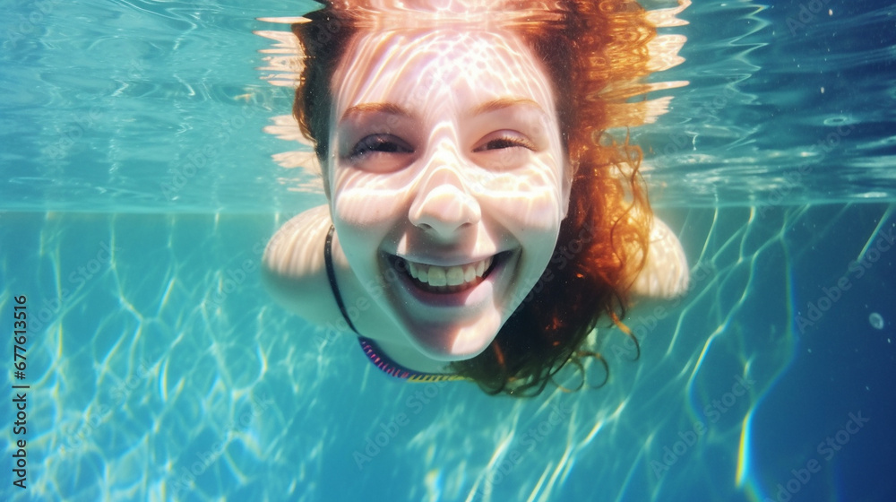 underwater diving, young adult woman swimming in swimming pool, happy smiling and  fun, enjoying a good day, vacations. fictional location