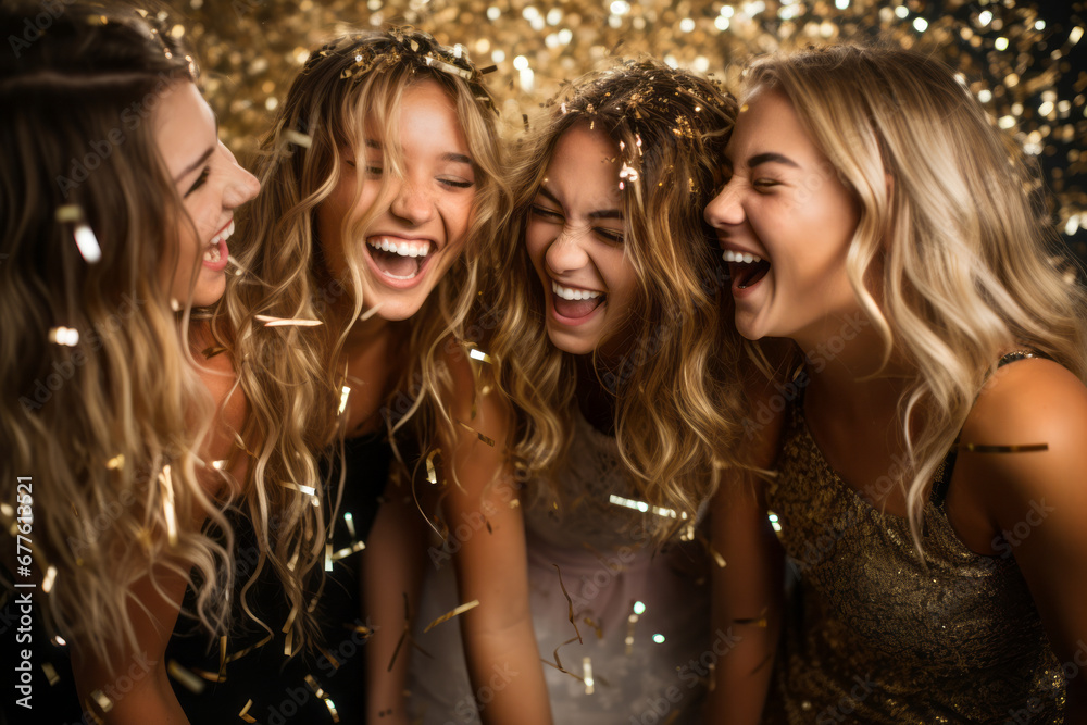 Four teenage friends celebrating New Years Eve. Young women wearing glittery outfits dancing at Christmas party.