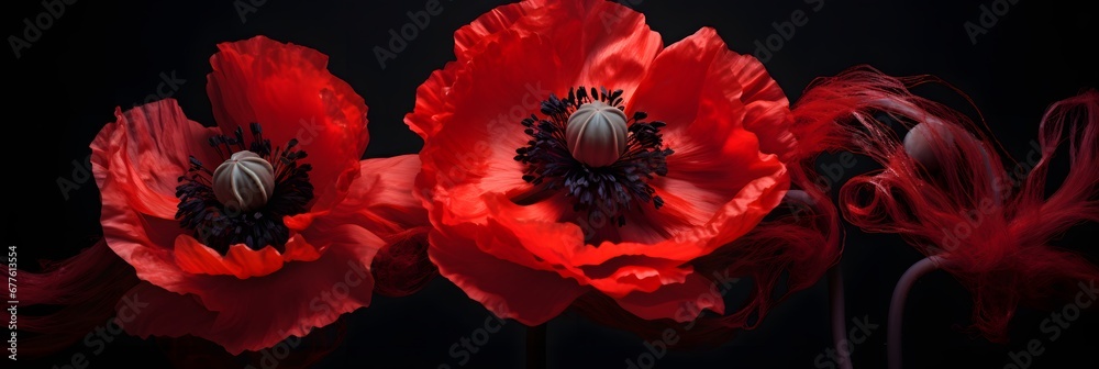 red poppy flower on a black background - obrazy, fototapety, plakaty 