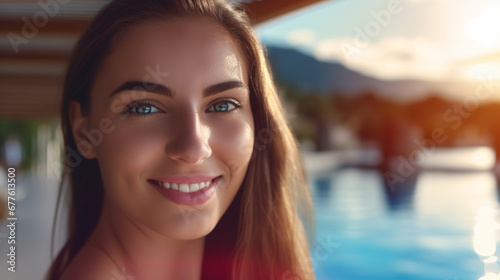 young adult woman swimming in swimming pool, happy smiling and fun, enjoying a good day, vacations. fictional location
