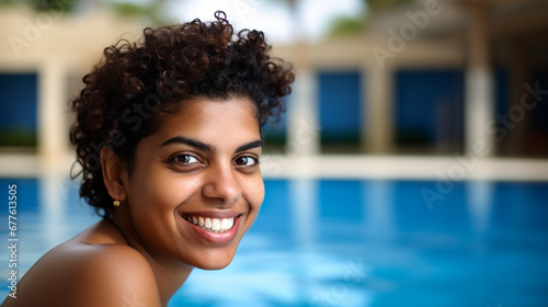 young adult woman swimming in swimming pool, happy smiling and fun, enjoying a good day, vacations. fictional location
