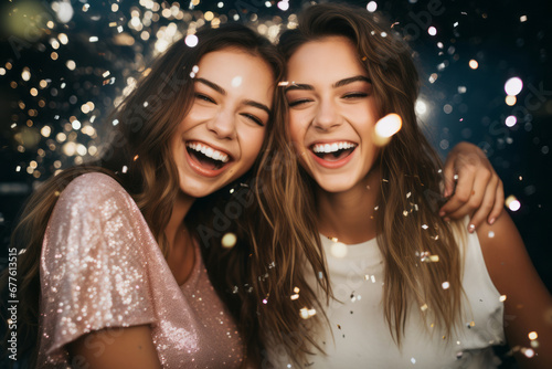 Two teenage friends celebrating New Years Eve. Young women wearing glittery outfits dancing at Christmas party.