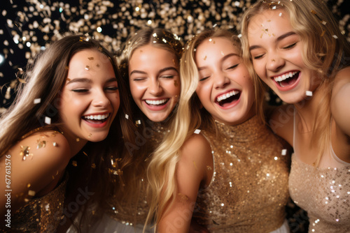 Four teenage friends celebrating New Years Eve. Young women wearing glittery outfits dancing at Christmas party.