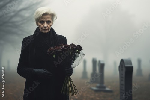 Sad senior woman grieving the loss of her loved one on a cemetery on autumn evening. Depressed elderly lady by the headstone of her husband in graveyard. All Saints Day. photo