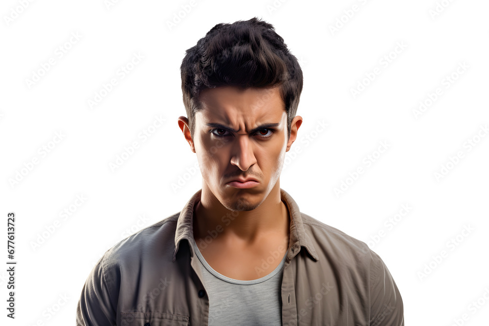 Sulking young adult Latin American man, head and shoulders portrait on white background. Neural network generated photorealistic image. Sulking young adult Latin American man, head and shoulders portrait on white background. Neural network generated photorealistic image.