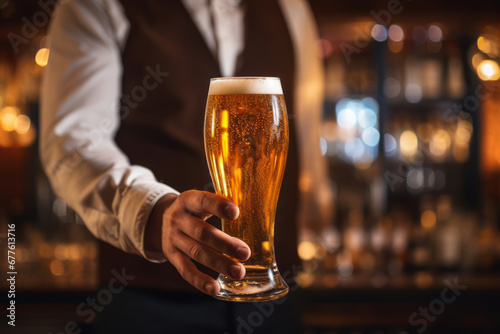 Handsome bartender serving a glass of fresh beer in traditional Dublin pub. Drinking alcoholic beverage. Saint Patrick\'s Day celebration.