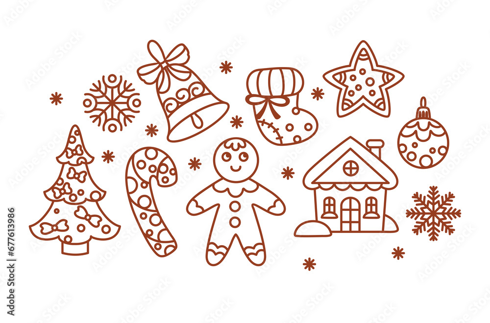 Naklejka premium Christmas icon set. Christmas cookies and other traditional attributes. Vector.