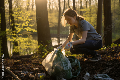 A volunteer collecting plastic trash in the forest. Cleaning the forest of garbage. The concept of environmental conservation. Global environmental pollution.