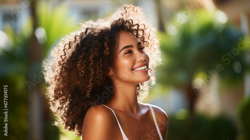 Curly-haired woman in a white shirt smiles under the sun, enjoying the park's greenery, exhibiting multiracial beauty.