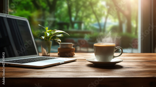 Office desk table with cup of coffee and laptop