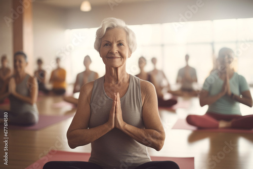 Beautiful elderly woman meditating during group practice in sunny room. Peaceful woman doing yoga in lotus pose. Finding inner balance, managing stress.