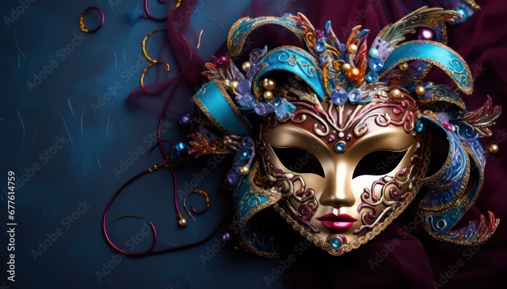  luxurious venetian carnival mask ,navy blue background with copy space 