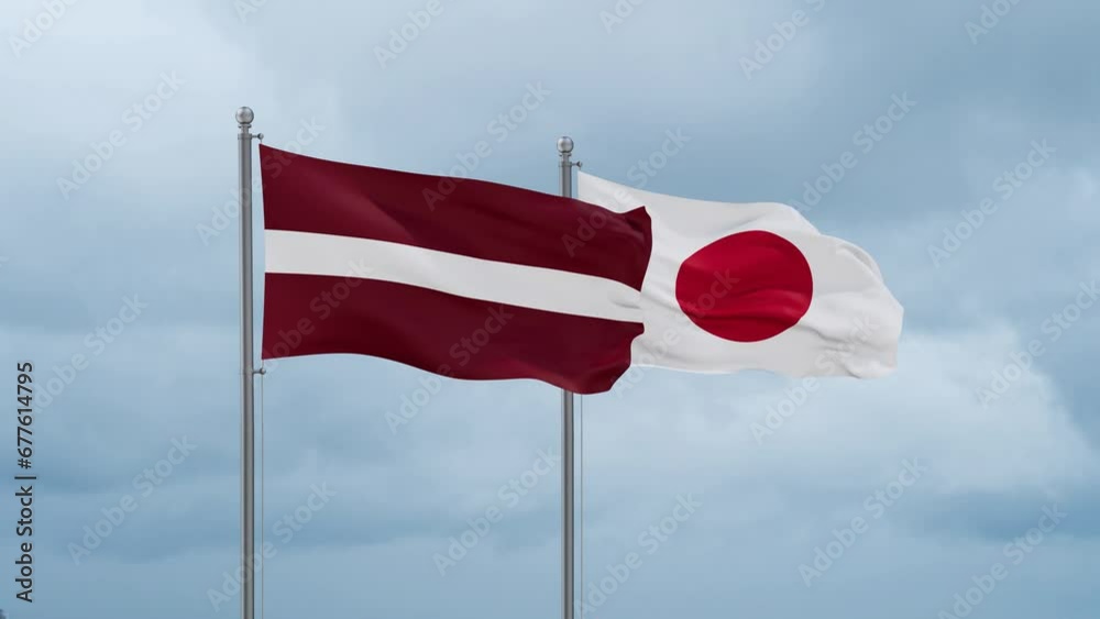 Japan flag and Latvia flag waving together on cloudy sky, endless seamless loop, two country relations concept