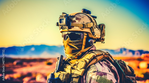 camouflaged soldier with gun in rugged desert, ready for duty, fictional location