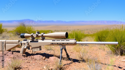 rifle with scope on rocky hill in desert setting  under clear blue sky
