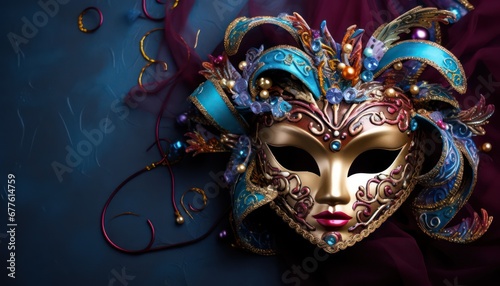  luxurious venetian carnival mask ,navy blue background with copy space 