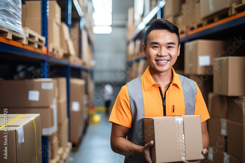 Young beautiful woman taping a cardboard box for delivery. Warehouse order picker packing and sealing cardboard box with tape for dispatch. photo